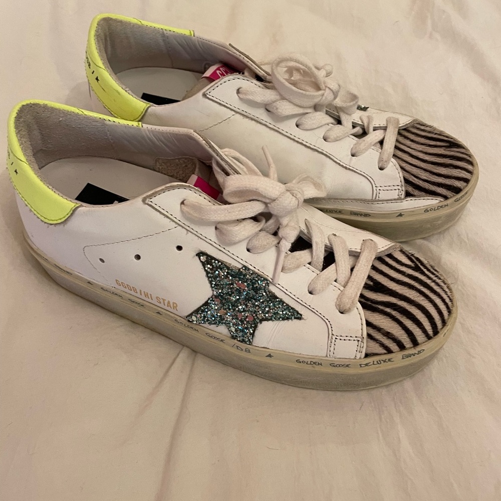 Golden Goose Hi-Star Sneakers with Light Blue Star and Zebra-Print